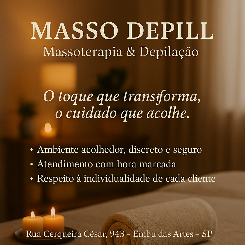 O toque que transforma, o cuidado que acolhe. A Masso Depill nasceu com a missão de oferecer muito mais do que massagens e tratamentos estéticos. Criamos um ambiente onde o autocuidado, o respeito e o bem-estar são prioridades, proporcionando uma experiência única para cada cliente. Hoje contamos com duas unidades, em Embu das Artes e São Paulo (Jardim São Luiz), levando atendimento de excelência, conforto e profissionalismo para um número ainda maior de pessoas. Somos um espaço especializado em massoterapia, terapias corporais, estética e depilação, atendendo homens e mulheres com ética, discrição e atendimento humanizado. Acreditamos que o toque terapêutico promove equilíbrio físico e emocional, alivia tensões, reduz o estresse, melhora a qualidade de vida e contribui para o bem-estar integral. Por isso, cada sessão é personalizada, respeitando as necessidades, os limites e os objetivos de cada cliente. Nossos diferenciais • Ambiente acolhedor, confortável, reservado e seguro. • Duas unidades para oferecer mais comodidade aos nossos clientes. • Atendimento com hora marcada. • Equipe de profissionais qualificados e em constante aperfeiçoamento. • Técnicas terapêuticas e estéticas realizadas com ética, responsabilidade e excelência. • Atendimento humanizado, respeitando a individualidade de cada pessoa. • Atendimento para homens e mulheres com discrição, respeito e profissionalismo. Nossa equipe Nossa equipe é formada por profissionais capacitados nas áreas de Massoterapia, Terapias Orientais, Estética e Bem-estar, comprometidos em proporcionar um atendimento acolhedor, seguro e de alta qualidade. Cada atendimento é realizado com empatia, respeito e dedicação para que você tenha uma experiência completa, do início ao fim. Na Masso Depill, você encontra muito mais do que um atendimento: encontra um espaço dedicado ao seu bem-estar, à sua saúde e à sua qualidade de vida. Unidade Embu das Artes Rua Cerqueira César, 943 – Jardim Tereza Unidade São Paulo Rua Arraial dos Couros, 16 – Jardim São Luiz WhatsApp: (11) 97531-9358 Instagram: @masso_depill Masso Depill – Seu bem-estar merece o melhor lugar.