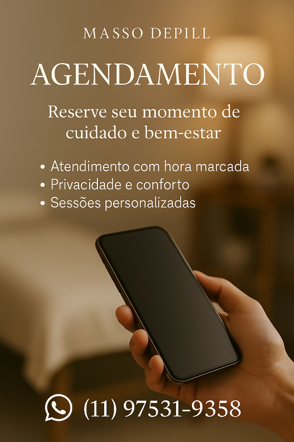 📅 AGENDAMENTO Reserve seu momento de cuidado e bem-estar No Masso Depill, todos os atendimentos são realizados com hora marcada para garantir um ambiente reservado, tranquilo e com foco total em você. Oferecemos sessões personalizadas para homens e mulheres, com privacidade, respeito e atenção aos detalhes. --- 📲 Como agendar? Você pode marcar sua sessão de forma rápida e discreta pelo nosso canal direto no WhatsApp: