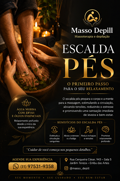 🌿 Escalda pés: o primeiro passo para desacelerar corpo e mente. Mais do que um cuidado simples, o escalda pés proporciona uma sensação imediata de relaxamento, ajudando a aliviar tensões, estimular a circulação e preparar o corpo para uma experiência ainda mais completa. ✨ Água morna 🌱 Ervas e aromas 💆‍♂️ Sensação de leveza e bem-estar Porque cuidar de você começa nos pequenos detalhes. 📲 Agende sua experiência